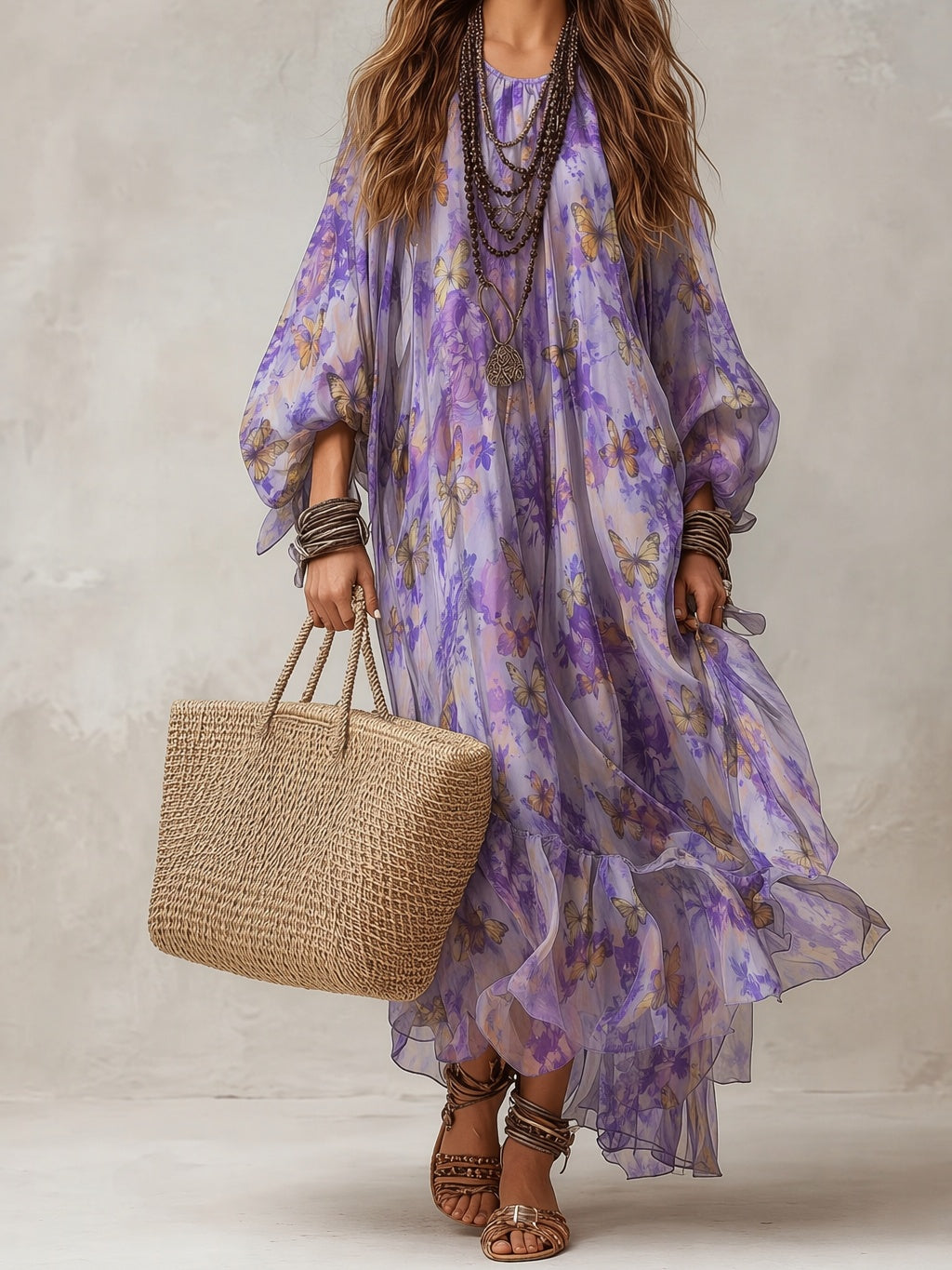 Butterfly Print Loose Fit Sheer Tiered Maxi Dress