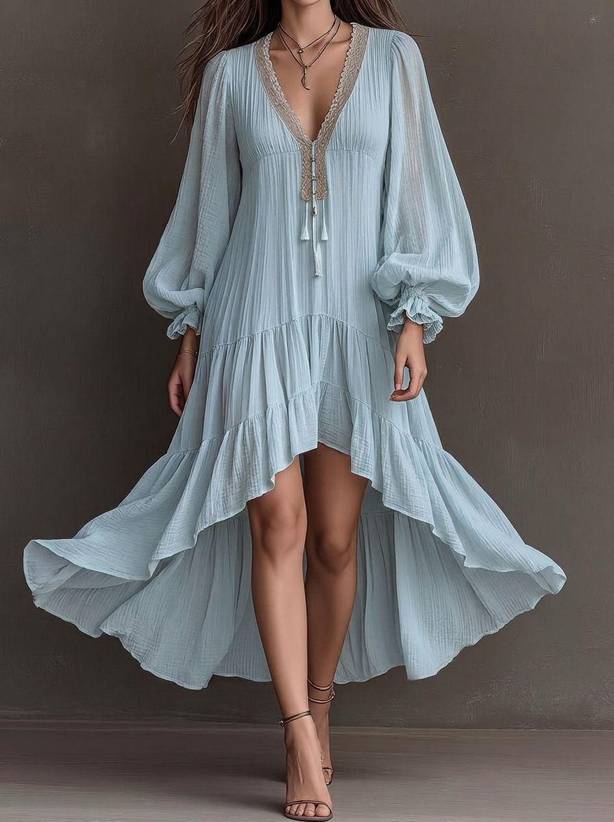 High-Low Lace Trim Balloon Sleeve V-Neck Dress