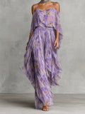 Cold Shoulder Flowy Butterfly Print Maxi Dress