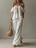 Off-Shoulder Crochet Trim Two-Piece Lounge Set