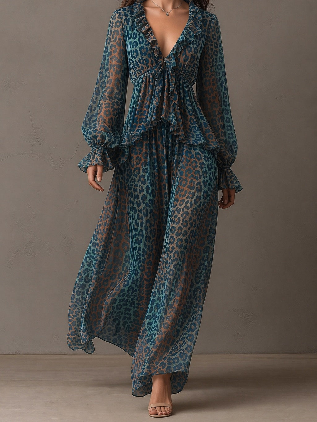 Teal Leopard Print Ruffled Long Sleeve Maxi Dress