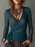 Sheer Knit Wrap Tie-Waist Long Sleeve Top