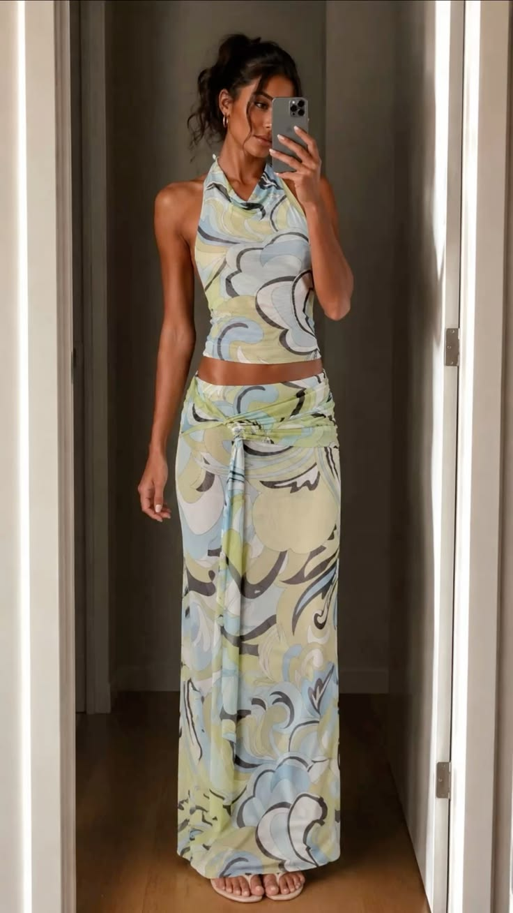 Pastel Abstract Swirl Halter Top And Twist Waist Skirt Set