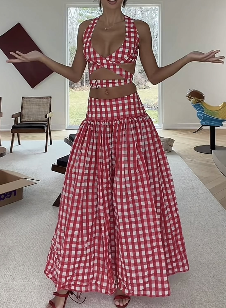 Halter Deep V-Neck Cutout Crop Top And Gathered Maxi Skirt Set