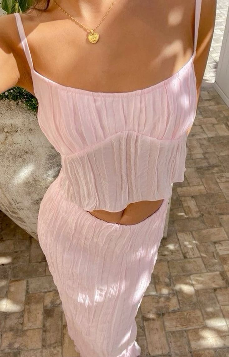 Textured Pleated Camisole Top And Maxi Skirt Set