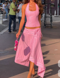 Pink Pinstripe Halter Top And Asymmetric Tie-Waist Skirt Set