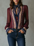 Sheer Sleeve Embroidered Bow Tie Blouse
