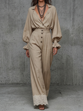 Beige Linen Button-Front Wide-Leg Pants Set With Lace Hem
