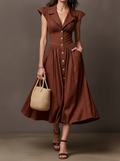 Rust Brown Linen Cap Sleeve Button-Front Midi Shirt Dress