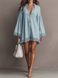Light Blue Loose Fit Bell Sleeve Lace Trim Mini Dress