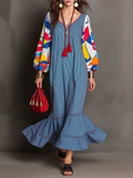 Color-Block Sleeve Tie Tassel Striped Maxi Dress