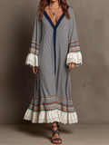 Boho Striped Contrast Lace Sleeve Ruffle Maxi Dress