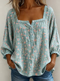 Square Neck Floral Print 3/4 Sleeve Blouse