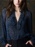 Sheer Leopard Ruffle V-Neck Long Sleeve Blouse