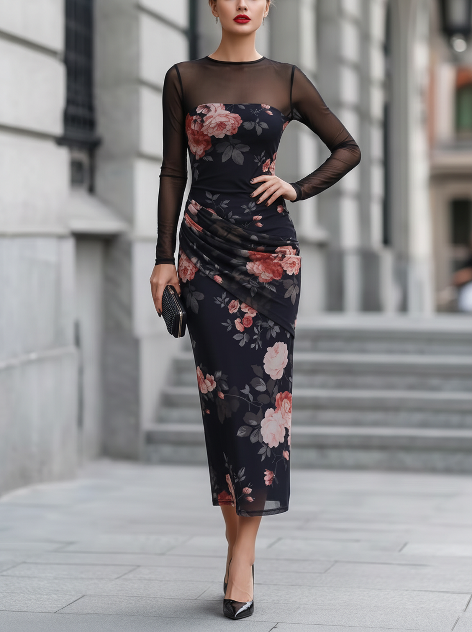 Sheer Sleeve Floral Print Ruched Midi Dress
