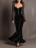 Black Velvet Lace Sleeve Corset Mermaid Dress