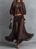Mocha Sheer Balloon Sleeve Top And Ruffled Skirt Set