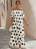Off-Shoulder Polka Dot Flowy Maxi Dress