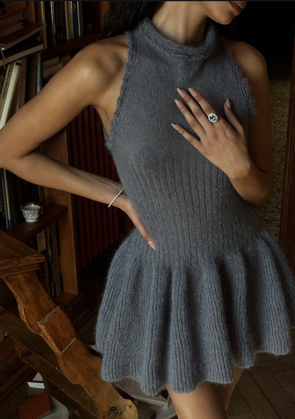 Heather Gray Ribbed Knit Halter Mini Dress