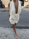 White Cowl Neck Halter Draped Mini Dress