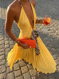 Yellow Halter Deep V-Neck Stripe Tie Pleated Dress