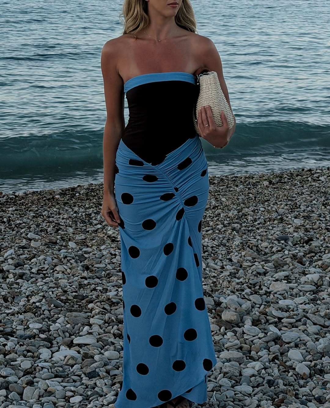 Black And Blue Polka Dot Ruched Maxi Dress