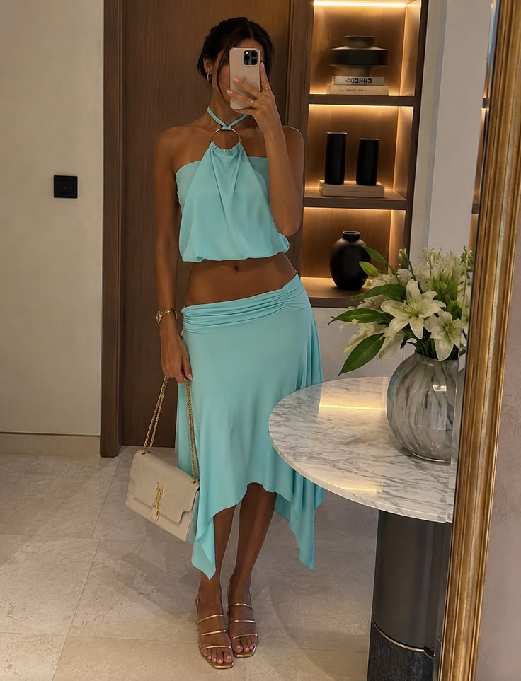 O-Ring Halter Top And Asymmetric Midi Skirt Set