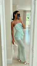 Pleated Fan Detail Strapless Top And Sheer Pants Set