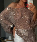 Sequin Off-Shoulder Mesh Top With Keyhole Detail