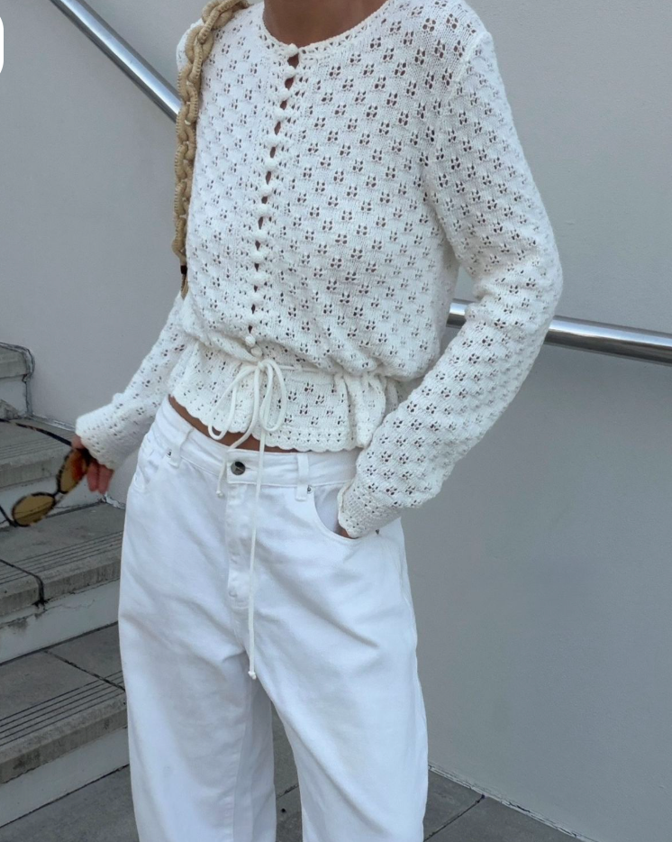 White Pointelle Knit Button-Up Top