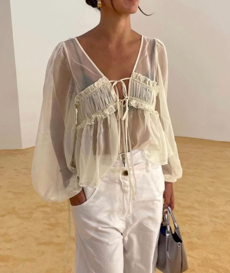 Sheer Chiffon Tie-Front Peplum Blouse