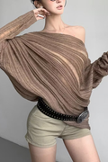 Brown Pleated Asymmetric Off-Shoulder Top