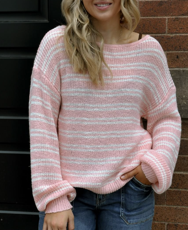 Pink White Stripe Oversized Knit Sweater