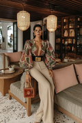 Green Geometric Puff Sleeve Belted Two-Piece Set