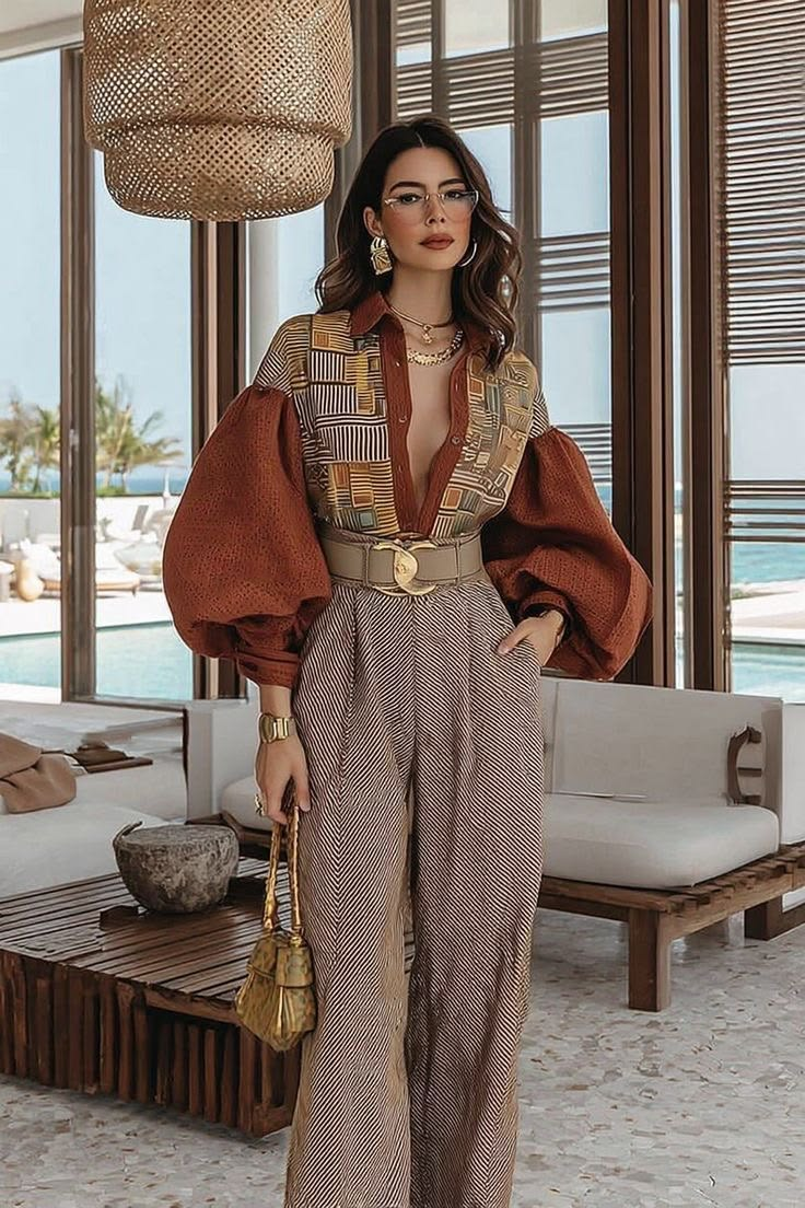 Rust Brown Panel Print Balloon Sleeve Set