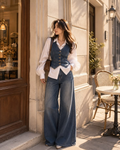 White Balloon Sleeve Shirt And Denim Vest Layered Set