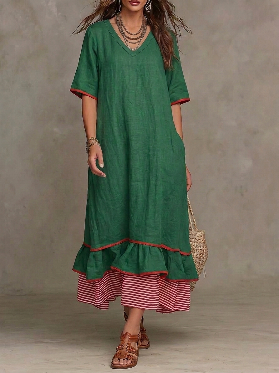Green V-Neck Contrast Hem Layered Dress