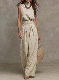 Pleated Linen Top And Wide-Leg Pants Set