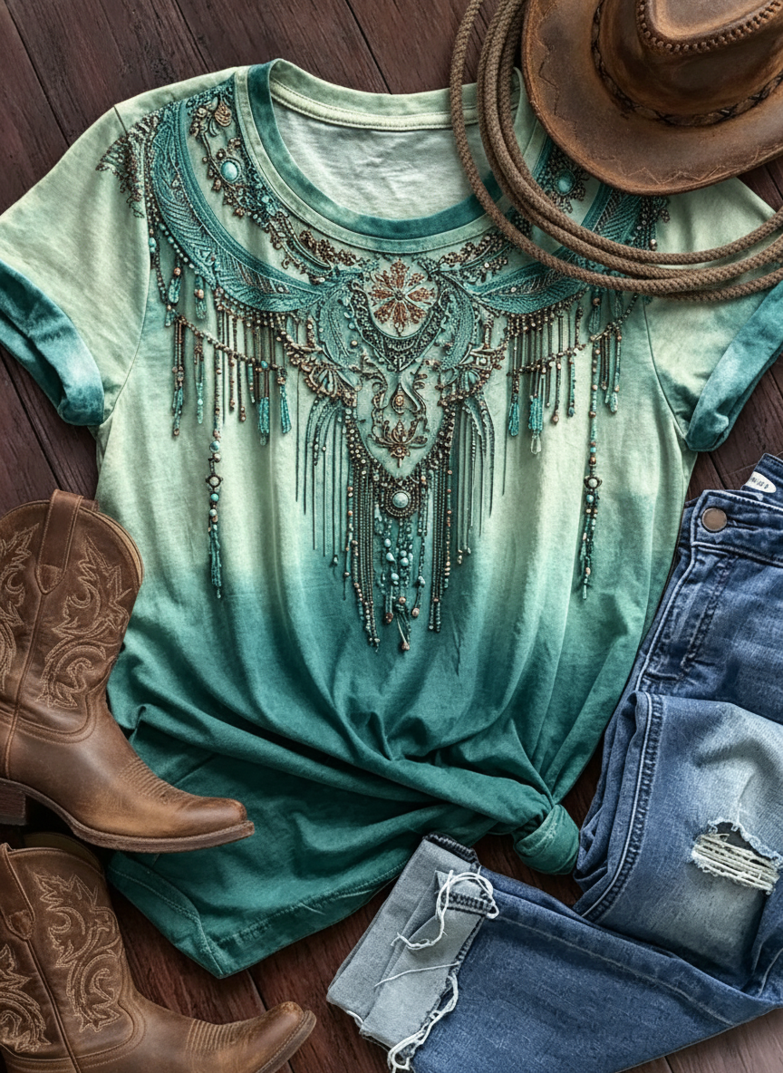 Embellished Fringe Necklace Print Ombre Tee