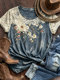 Lace Sleeve Embroidered Floral Knot Hem T-Shirt