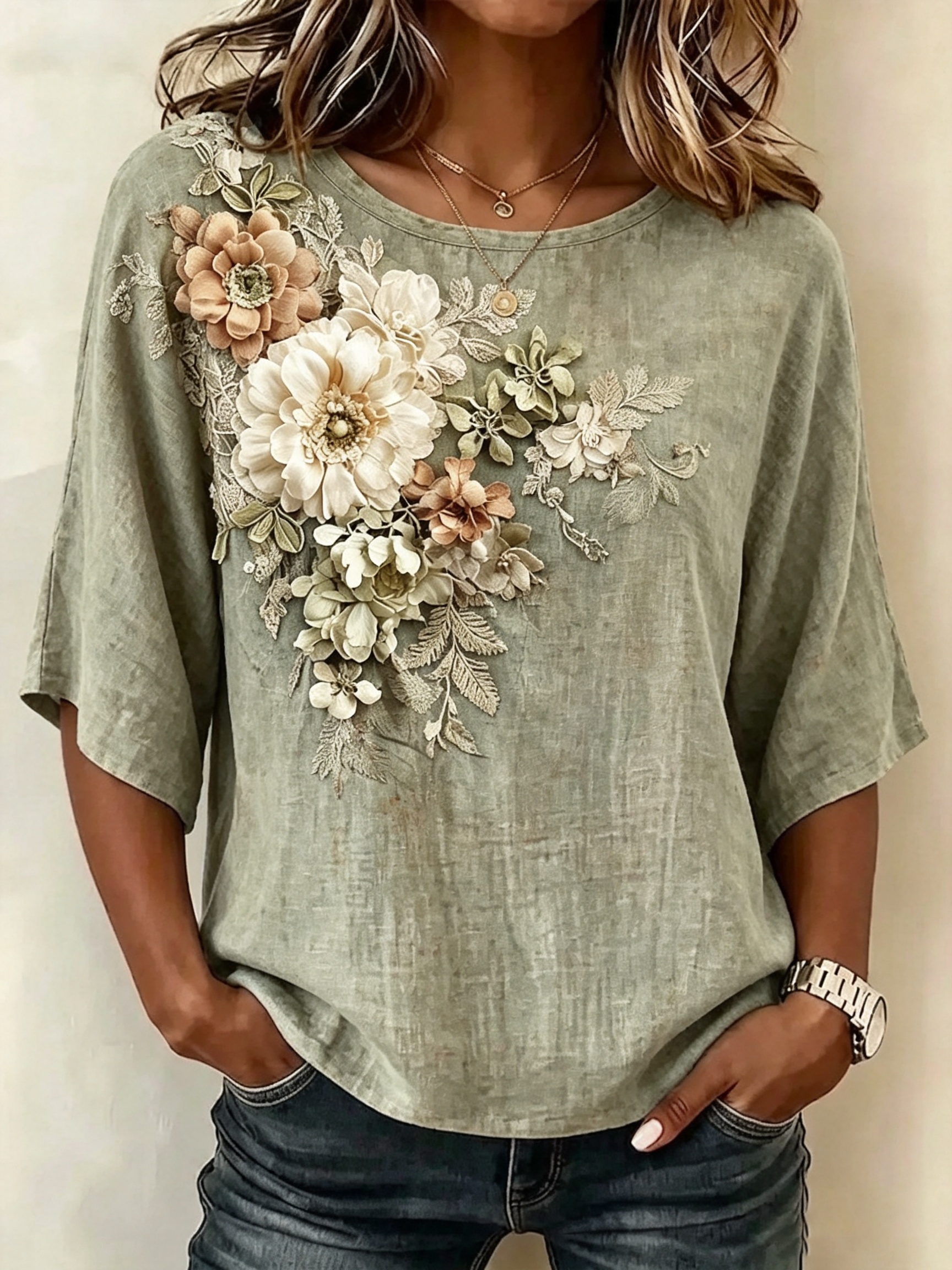 Sage Green 3D Floral Embroidered Relaxed Top