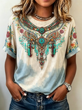 Ombre Fringe Beaded Necklace Print Short Sleeve Tee