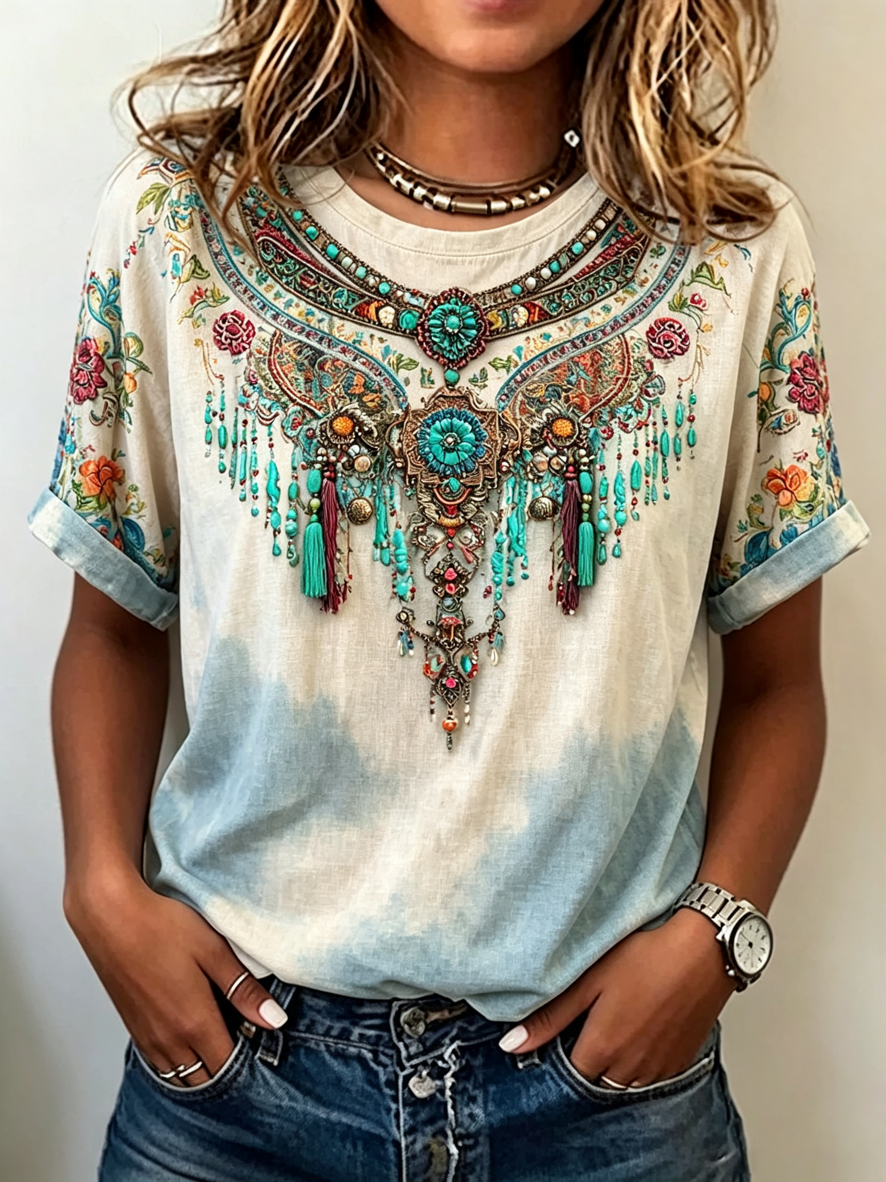 Ombre Fringe Beaded Necklace Print Short Sleeve Tee