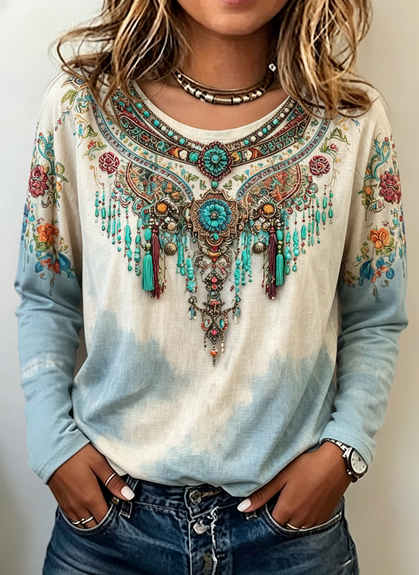 Ombre Fringe Beaded Necklace Print Long Sleeve Tee