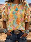 RainbowTieDye Double Ruffle Round Neck Short Sleeve Blouse
