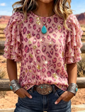 Pink Sequin Leopard Print Tiered Ruffle Sleeve Top