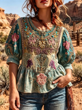 Sage Embroidered Beaded Puff Sleeve Peplum Top