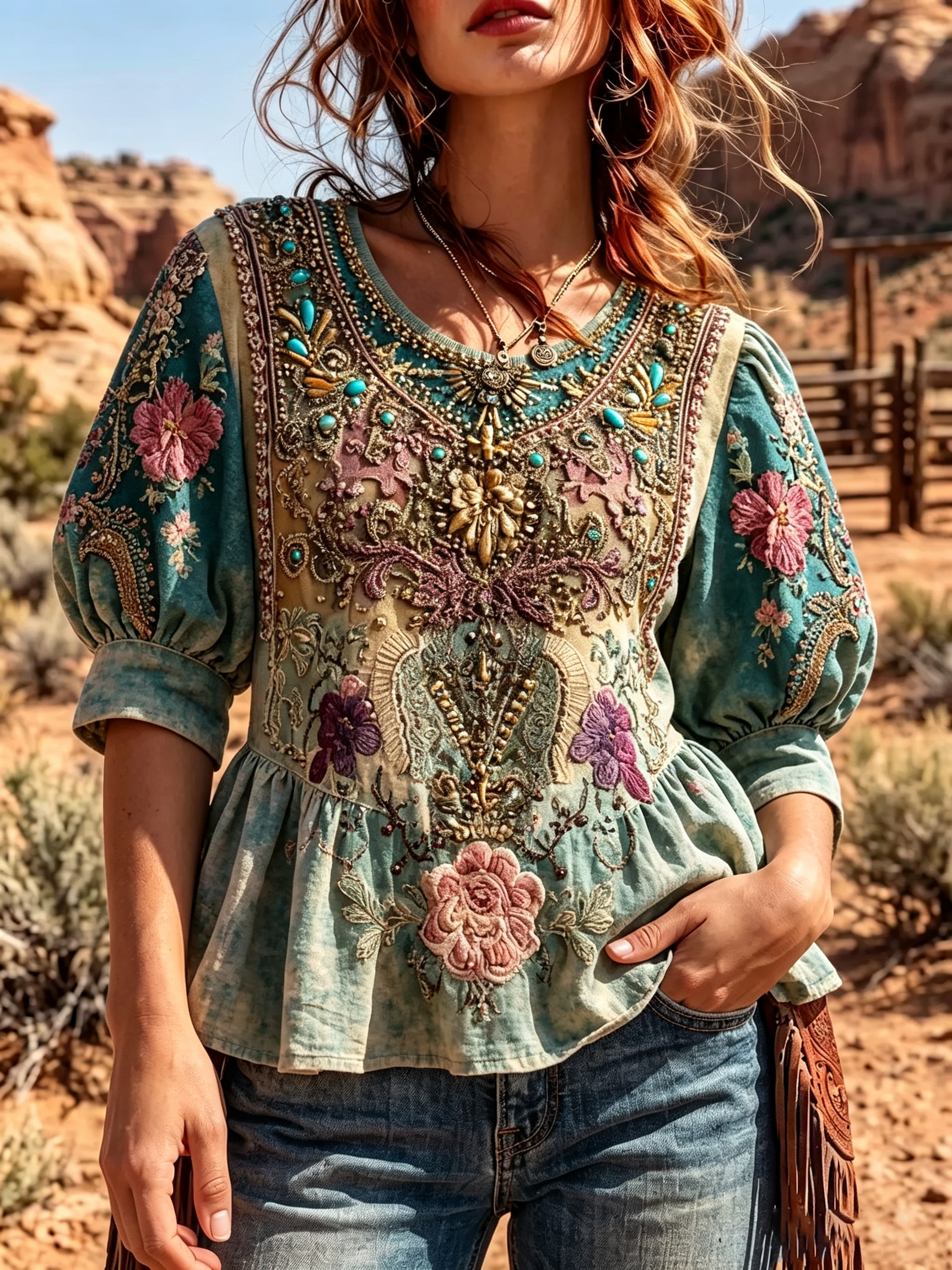 Sage Embroidered Beaded Puff Sleeve Peplum Top