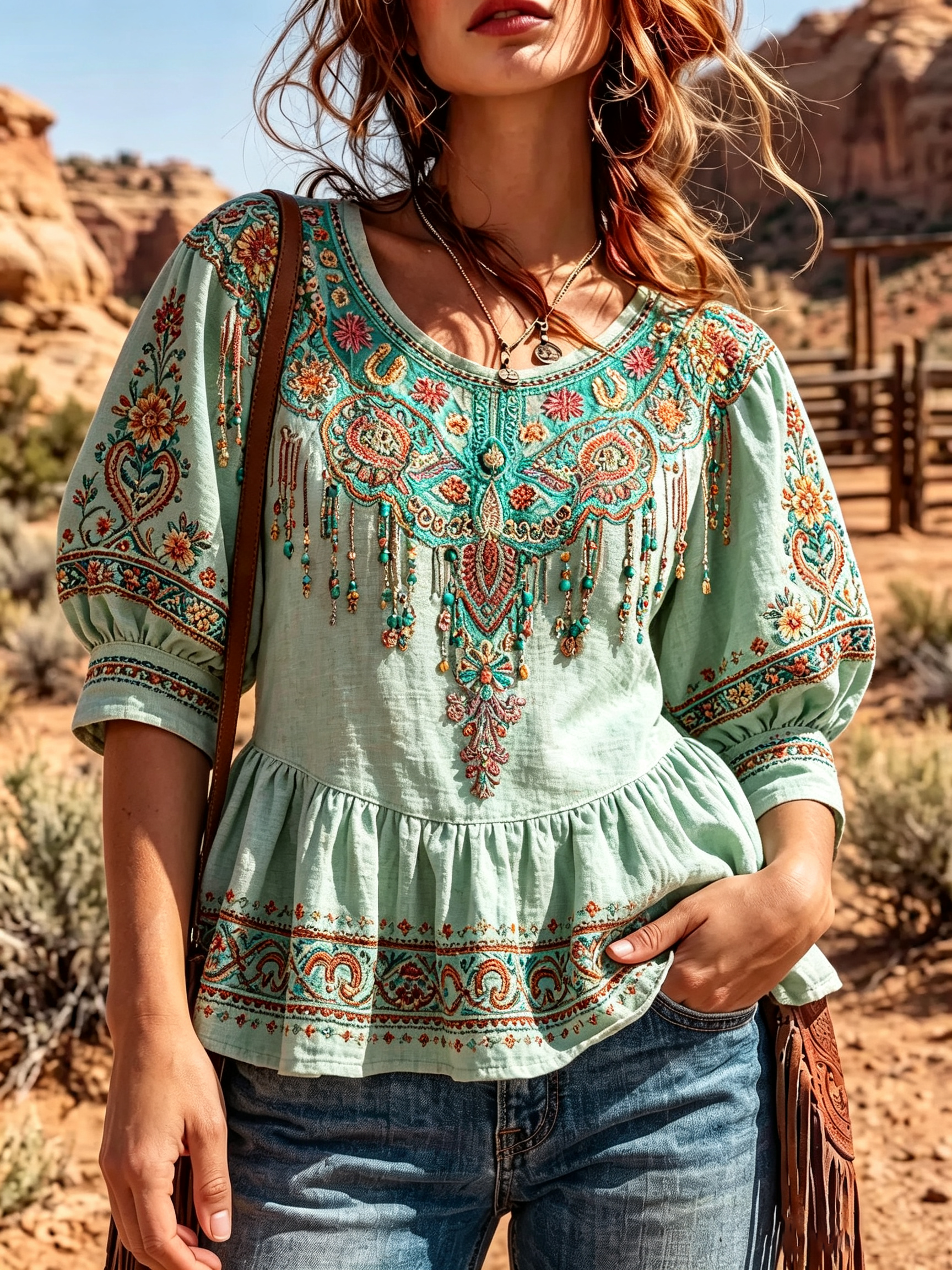 Mint Green Embroidered Fringe Peasant Blouse