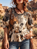 Cow Print Rhinestone Embellished Peplum Top